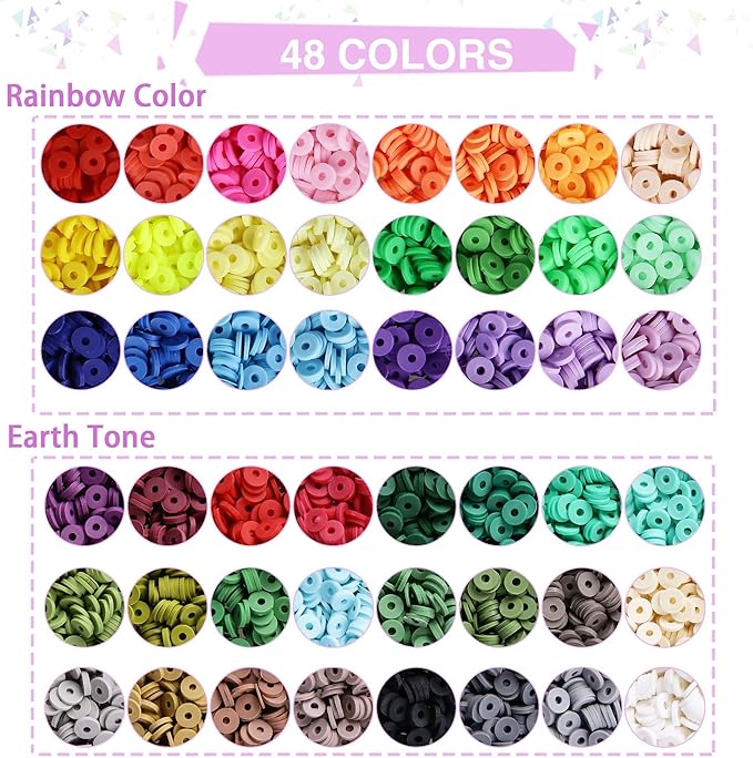 Greentime 4550 Pcs Clay Beads for Bracelet Making, 48 Colors Flat Round PolymerBeads Spacer Heishi Beads with Letter Beads and Various Pendant Charms Kits for DIY Crafts