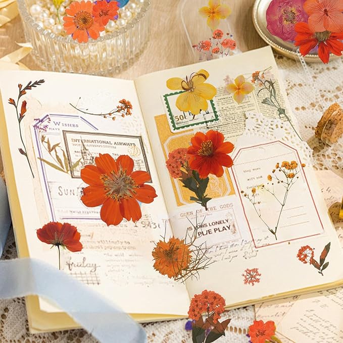 Dried Pressed Flowers Real Pressed Flowers Natural Dry Leaves Bulk Mixed Colorful Herbs Kit with Tweezers for Scrapbooking DIY Candle Jewelry Crafts Making Nails (Orange)