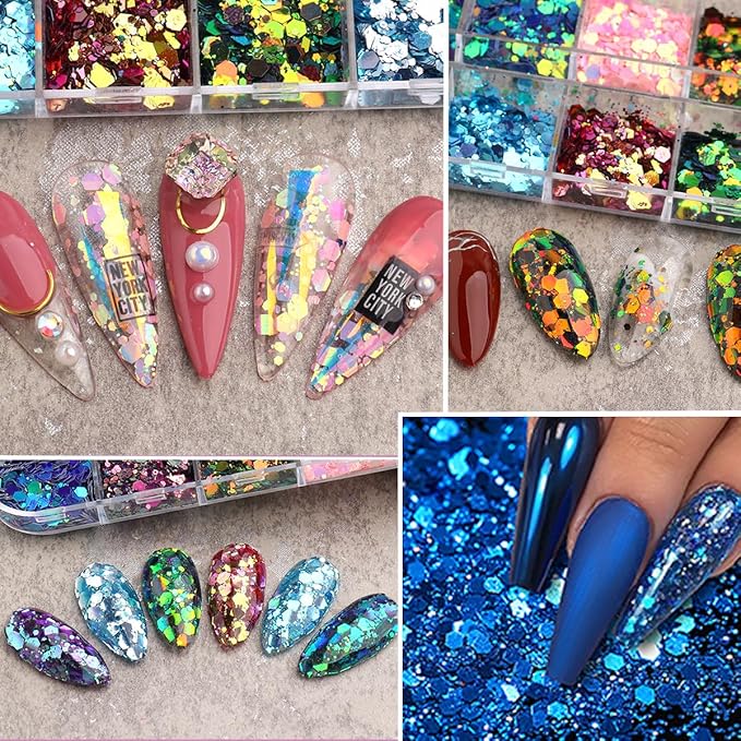 12 Grids Chameleon Nail Art Sequins Hexagon Nail Glitter Holographic Process Sticker Sequins Mermaid Powder Thin Slices Shining Charm DIY Shining Nail Art Tips for Women's Nail and Mermaid Jewelry