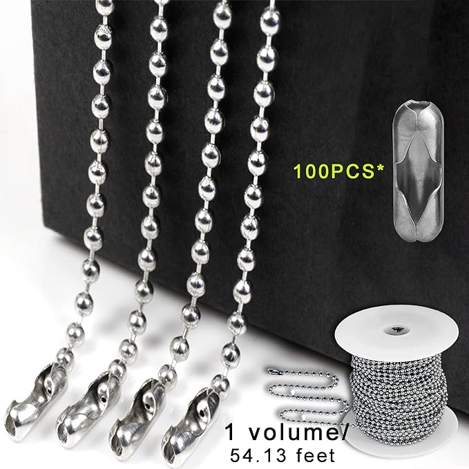 55ft Ball Bead Chain, 3.5mm Stainless Steel with 100 Connectors Clasps, Bulk Necklace for Jewelry Making, Dog Tag, Military Keychain