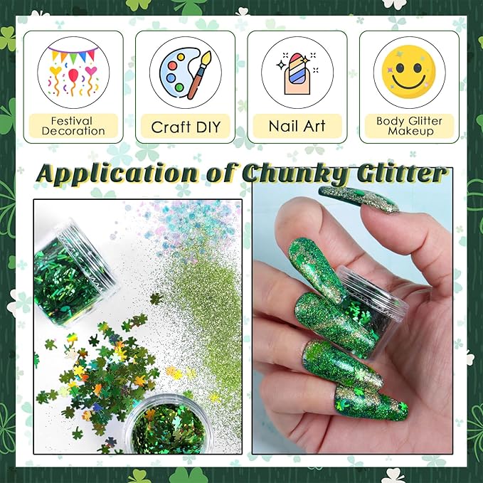 Laza St. Patrick's Day Nail Art Glitters 12 Colors Holographic Green Gold Fine Powder Chunky Clover Hexagon Sequins Confetti Nail Flakes for Nail Supplies Festival Craft Decoration - Verdant