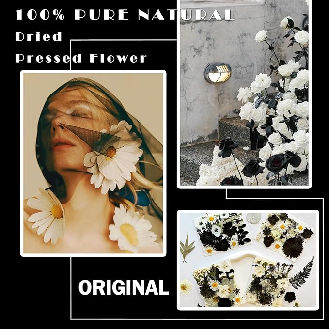 MIKIYA 90Pcs Black Pressed Dried Flowers for Resin Molds, Real Natural Bulk Dry Floral Leave for DIY Art Crafts, Epoxy Jewelry, Candle, Soap Making, Nails Decors Gifts