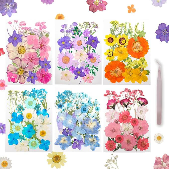 Dried Pressed Flowers Real Pressed Flowers Natural Dry Leaves Bulk Mixed Colorful Herbs Kit with Tweezers for Scrapbooking DIY Candle Jewelry Crafts Making Nails (Strong Color)
