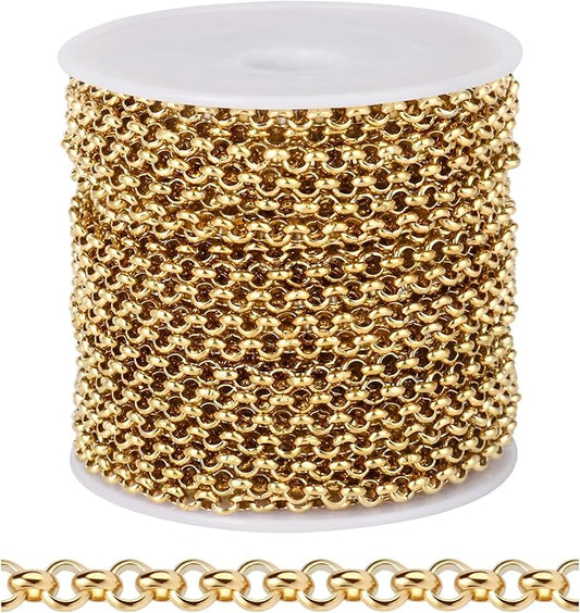 33FT Gold Rolo O Chain for Jewelry Making 3.5MM Gold PVD Plated Stainless Steel Link Chains Roll for DIY Crafts Jewelry Making