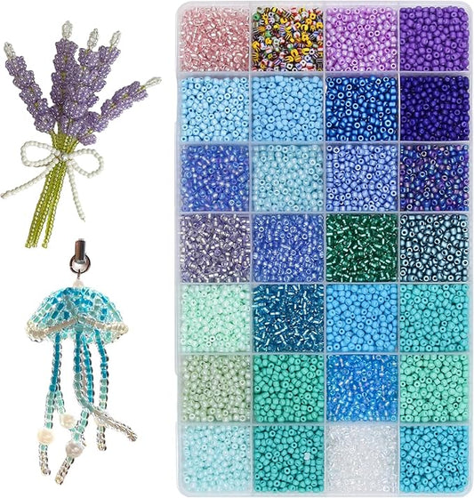 JOJOPLAY 11200pcs Glass Seed Beads for DIY Crafting Bracelet Necklace Embroidery Jewelry Making Supplies (3mm, 400pcs/Color, 28 Colors, Blue Scheme)