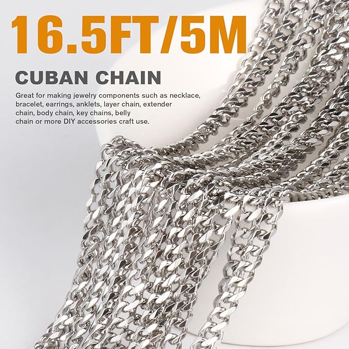 16.5FT Stainless Steel Cuban Chain Roll 6MM Width Diamond-Cut Curb Link Chains Spool Bulk for DIY Crafts Jewelry Making