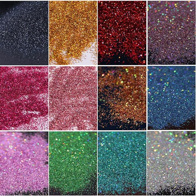 12 Colors Chrome Glitter Nail Powder, Holographic Laser Sparkly Nail Pigments Nail Art Designs, Women Manicure Tips Charms Decorations, Acrylic Nails Powder for Nail Art Gel Polish Dipping Liquid