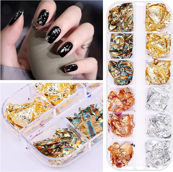 5 Boxes 60 Colors Holographic Nail Glitter Gold Foils Kit, Nail Foil Flakes Laser, 3D Irregular Thin Foil Nail Art Flakes Design Nail Sequins Supplies for Manicure Body Makeup Craft DIY