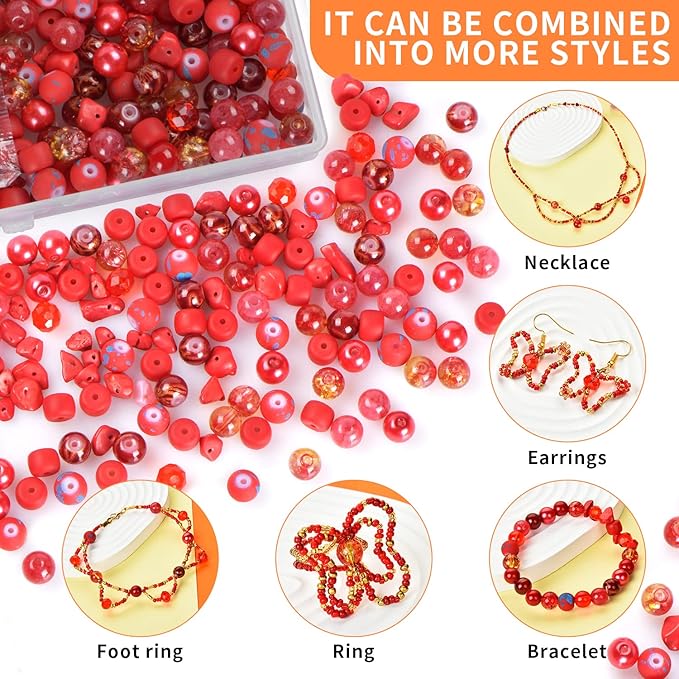 Rired 27 Glass Beads for Jewelry Making, 900pcs Red Bead Jewelry Making kit, 8mm Round Assorted Beads with Bicone and Seed Beads for Bracelet Making