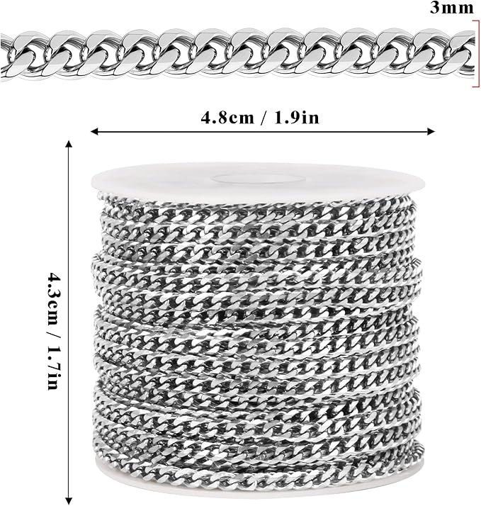33FT Stainless Steel Cuban Chain Roll 3MM Width Diamond-Cut Curb Link Chains Spool Bulk for DIY Crafts Jewelry Making