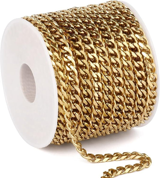 16.5FT Gold Cuban Chain Roll 4.3MM 18K Gold Plated Diamond-Cut Curb Link Chains Spool Bulk for DIY Crafts Jewelry Making
