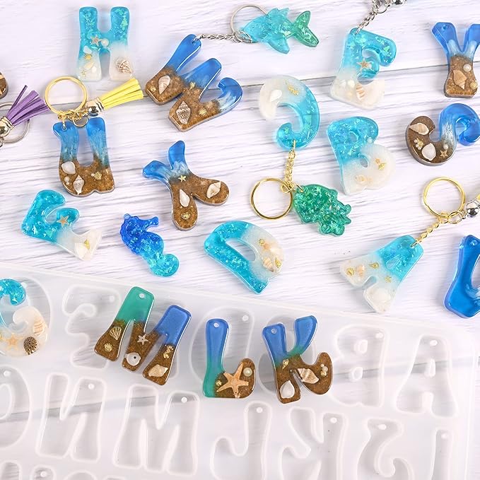 Moukiween Alphabet Keychain Molds with Hole, Resin Letter Number Molds for Keychain Jewelry Pendant Making Kit