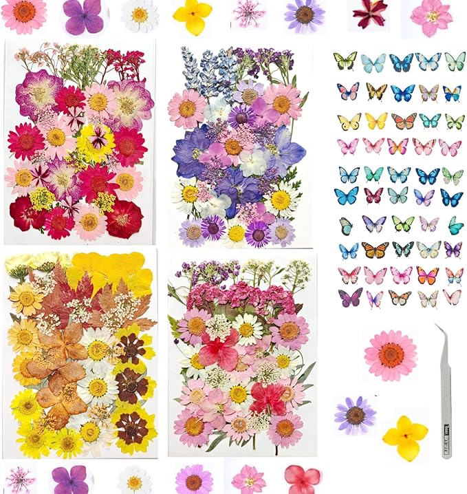 203pcs Dried Flowers for Resin, Small Pressed Dried Flowers for Crafts Jewelry Making, Natural Real Dry Flowers for Resin Molds, Scrapbooking DIY, Soap Candles Making with Tweezers Butterfly Stickers