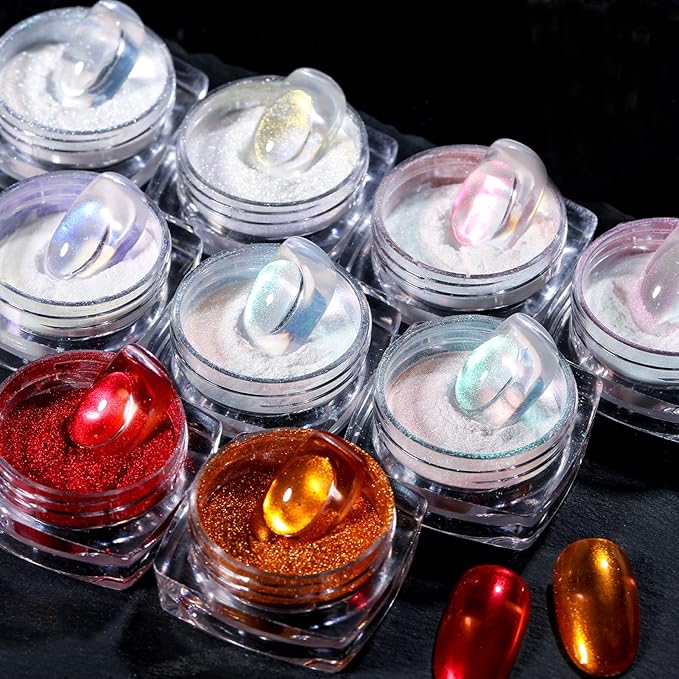 Born Pretty Chrome Powder Metallic Mirror Chameleon Pigment Powder Auroras Mermaid Nail Powder for Nail Art Gel Polish Manicure Nail Art Decorations 9 Jars
