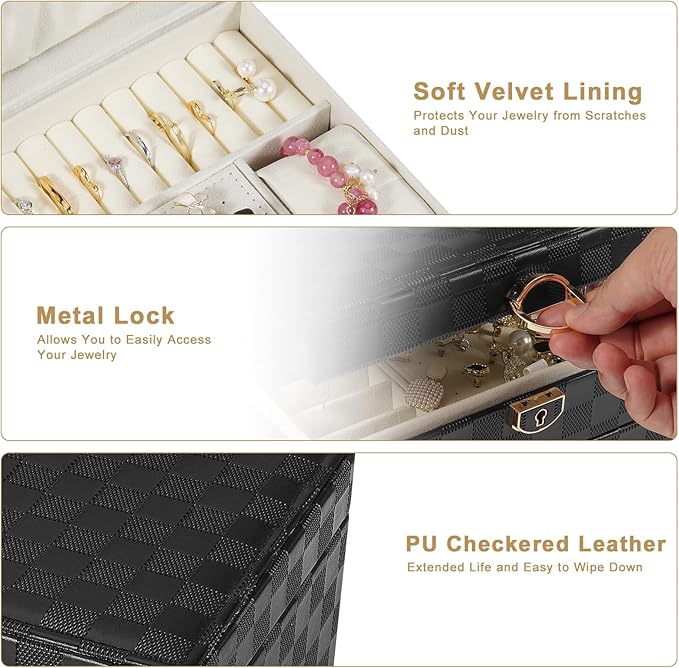 GUOER Jewelry Box for Women Girl Wife - Large PU Leather Jewelry Organizer Storage Case with 3 Layers Display for Earrings Bracelets Rings Watches (Checkered Black)