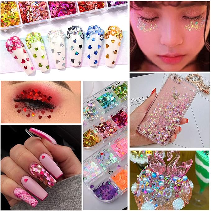 Love Heart Nail Art Glitter Sequins, 12 Colors Holographic Hollow Heart Shapes Nail Flakes Designs, 3D Laser Sparkly Big Small Hearts Nails Supplies for Women Manicure Decorations, DIY Shiny Crafts
