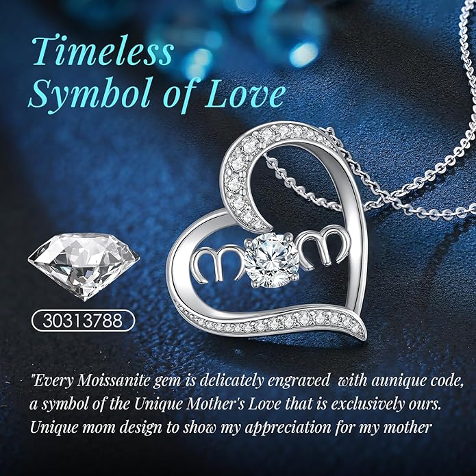 OOBEE Valentines Day Gifs for Mom Moissanite Pendant Necklace for Women, Sterling Silver Heart Necklaces for Women, Birthday Mothers Day Jewelry Gifts for Mom Grandma Wife from Daughter Son, D Color VVS1 Moissanite Fine Jewelry