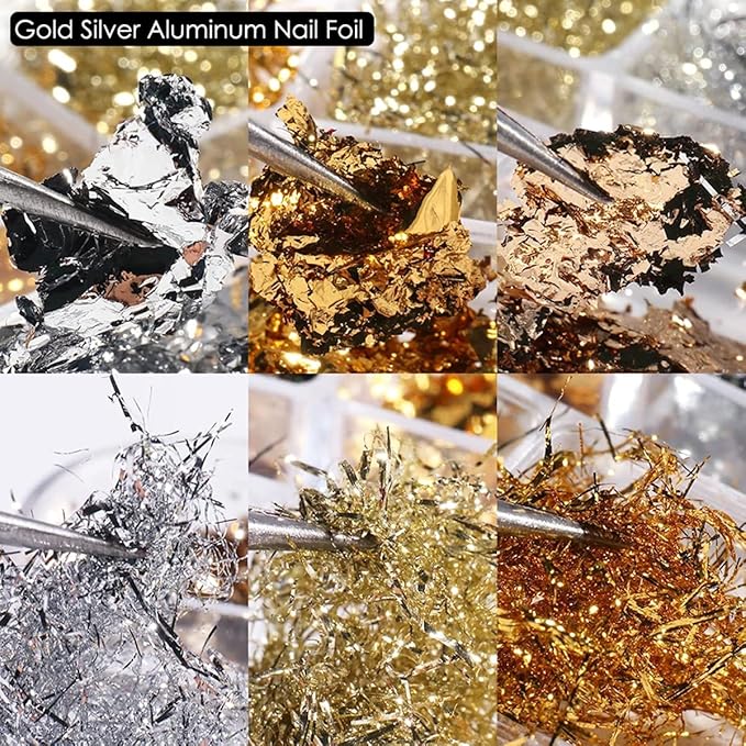Holographic 3D Sparkly Aluminum Nail Art Foil Flakes - Glitter Sequins for Acrylic Nails - Gold Silver Irregular Line Strip Designs (6 Grids)