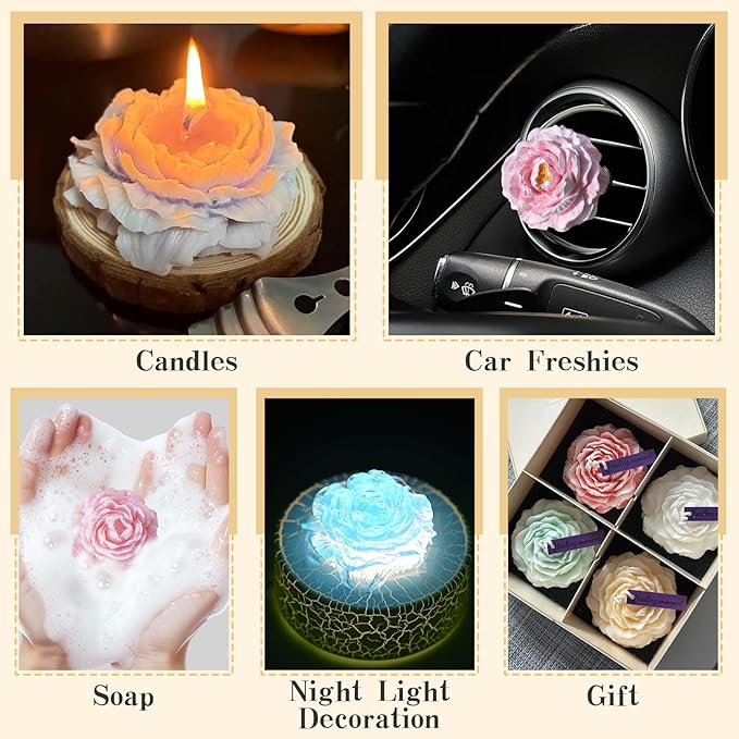 ZQYSING Peony Candle Mold for Candle Making, 3 Cavity Flower Silicone Molds for Epoxy Resin Wax Soap Clay Plaster Tealight Candles Crafts Casting Home Décor Handmade Gifts