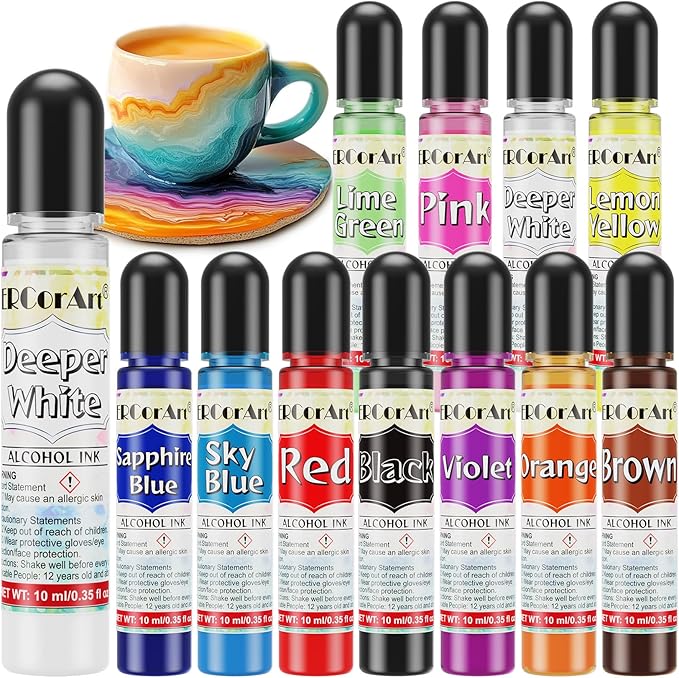 Alcohol Ink - 12 Vibrant Colors Alcohol Inks for Resin, Fast-Drying High Concentrated Resin Color Pigment for Epoxy Resin, Tumbler Making, Fluid Art Painting, Resin Art, Coaster - 0.35Fl oz
