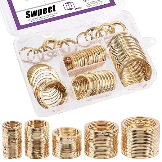 Swpeet 60 Pcs Gold Assorted Multi-Purpose Metal Keychain Rings Split Keyrings Flat O Ring for Home Car Keys Attachments Keys Pendants - 20mm, 25mm, 30mm, 35 mm, 38 mm