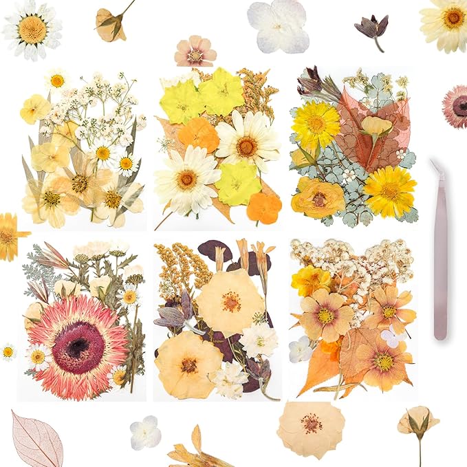Dried Pressed Flowers Real Pressed Flowers Natural Dry Leaves Bulk Mixed Colorful Herbs Kit with Tweezers for Scrapbooking DIY Candle Jewelry Crafts Making Nails (Vintage Colors)