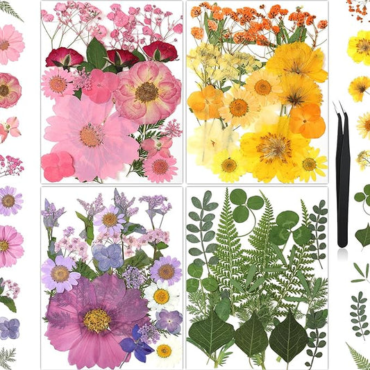 85Pcs Colorful Pressed Flowers for Crafts, Natural Dried Flowers for Crafts Real Dried Pressed Flowers Dry Leaves for Resin, DIY Art, Scrapbook, Nails Decor, Jewelry, Candle & Soap Making, w/ Tweezer