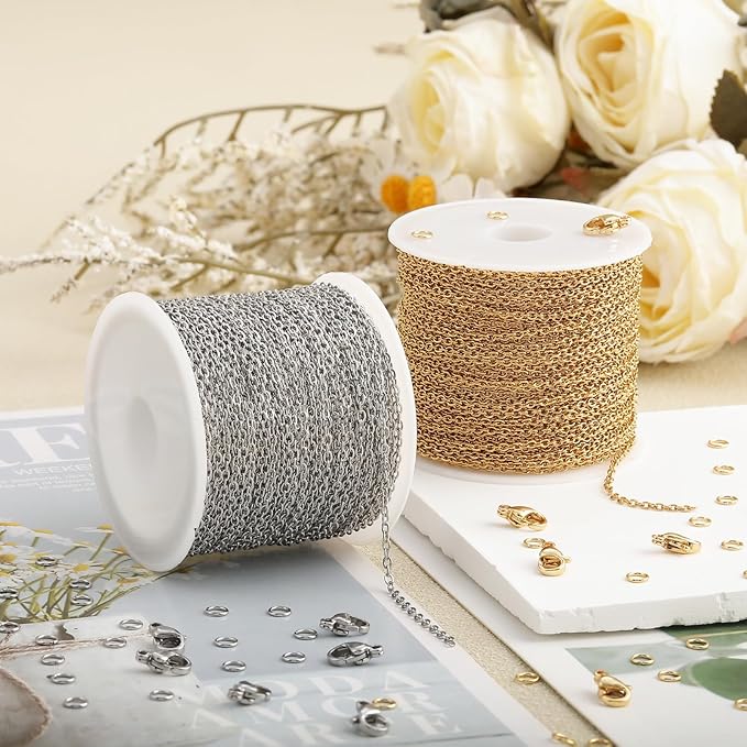 SMYHTGLIF 2 Rolls Total 65.6 Feet Oval Cable Chain for Jewelry Making Gold & Silver Stainless Steel Jewelry Making Chains DIY Craft Jewelry Findings