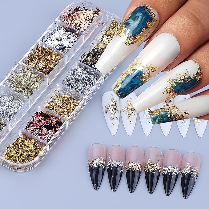 Holographic Glitter Nail Art Gold Foils,12 Colors Sparkly Champagne color and silver line Ultra-Thin Aluminum Flakes Design, Irregular Nail Sequins Acrylic Manicure Accessories DIY Charms 3D Nail Tips