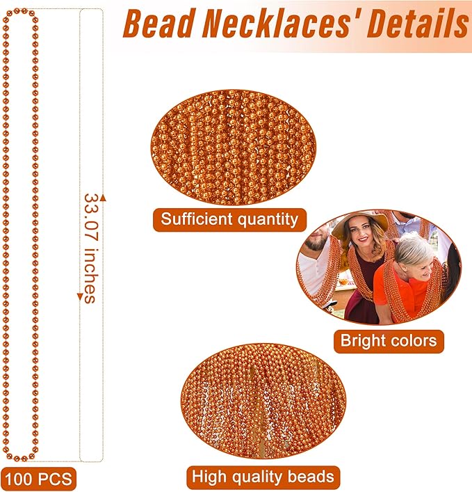 100PCS Mardi Gras Beads, Orange Bead Toy Necklaces Party Favors, 33" Necklaces Costume Accessories, Festival Parade Throw Accessories Mardi Gras Halloween Wedding Celebrations Decor