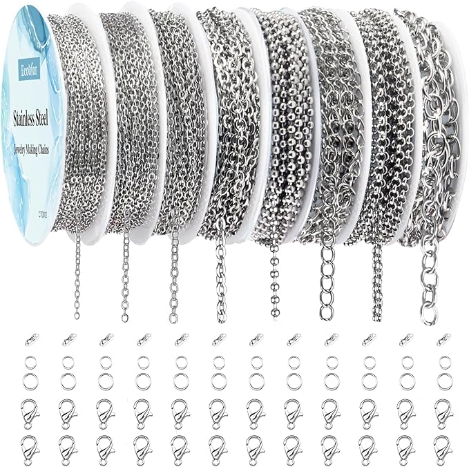 Ecoofor Necklace Chains for Jewelry Making, 62.3 Feet 8 Rolls 304 Stainless Steel Jewelry Chains for DIY Necklace Bracelet Jewelry Making with Stainless Steel Jump Rings/Lobster Clasps/Connectors