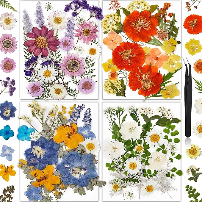 85Pcs Pressed Flowers for Crafts, Colorful Dried Flowers for Crafts Real Natural Dried Pressed Flowers Dry Leaves Bulk for Resin, DIY Art, Scrapbook, Jewelry, Card, Candle & Soap Making with Tweezers