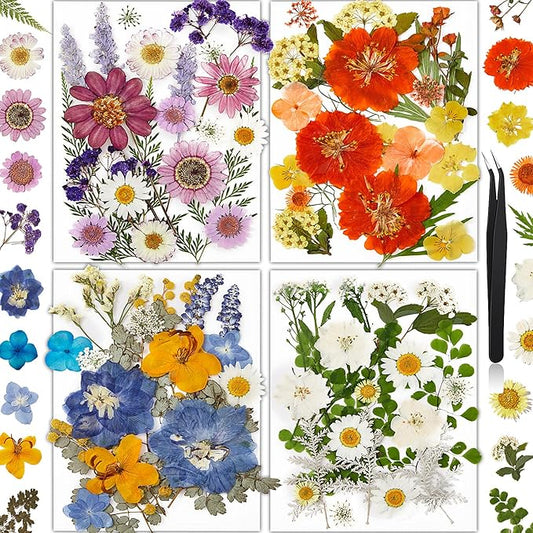 85Pcs Pressed Flowers for Crafts, Colorful Dried Flowers for Crafts Real Natural Dried Pressed Flowers Dry Leaves Bulk for Resin, DIY Art, Scrapbook, Jewelry, Card, Candle & Soap Making with Tweezers