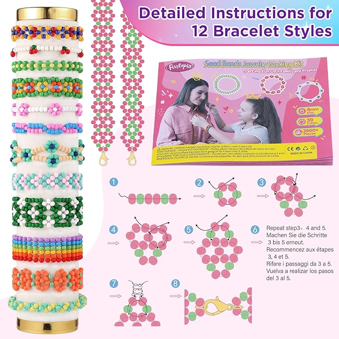 Funtopia 4mm Seed Beads for Jewelry Making, 39 Colors Uniform Small Beads for Bracelet Making Kit, 3900pcs Glass Seed Bead Kit with Instructions, Tiny Craft for DIY Art Jewelry Making