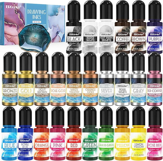 Alcohol Ink Set - 26 Bottles Vibrant Colors Alcohol Inks, High Concentrated Resin Ink, 10 Colors Metallic Alcohol Pigment Resin, Alcohol Based Ink for Epoxy Resin, Fluid Art Painting, Glass - 0.35oz