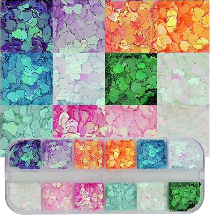 AddFavor 4 Boxes Holographic Nail Glitter Mixed Iridescent Glitters Sequin Flakes Heart Letter Lovely DIY Design Manicure Nail Art Decorations Sets for Nail Art/Craft/Makeup