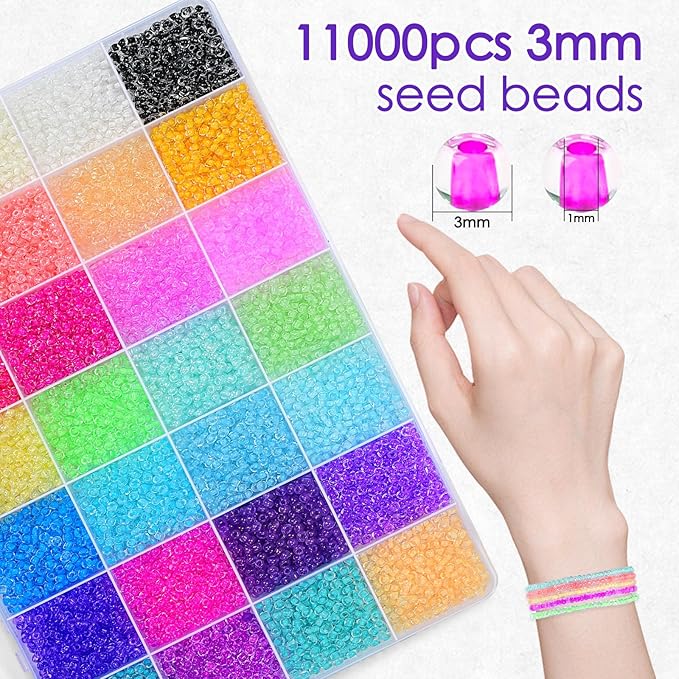 Vtssvow 3mm Glass Seed Beads for Bracelets Making, 28 Colors 11000pcs Friendship Bracelet Making Kit, Small Glass Beads for Jewelry Making (Mix 28 Color, Color Lined)