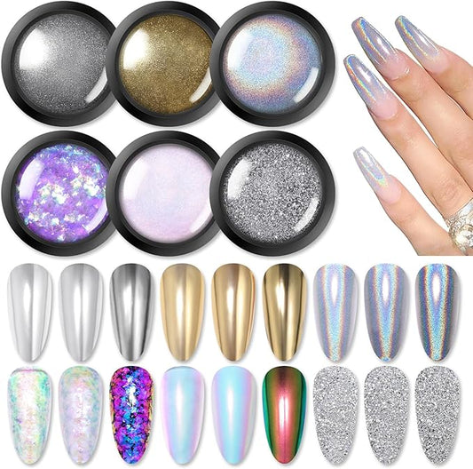 BORN PRETTY Chrome Nail Powder Holographic Nail Art Auroras Mermaid Pearl Nail Powder Reflective Glitter Manicure Pigment Chrome Powder 6 Boxes
