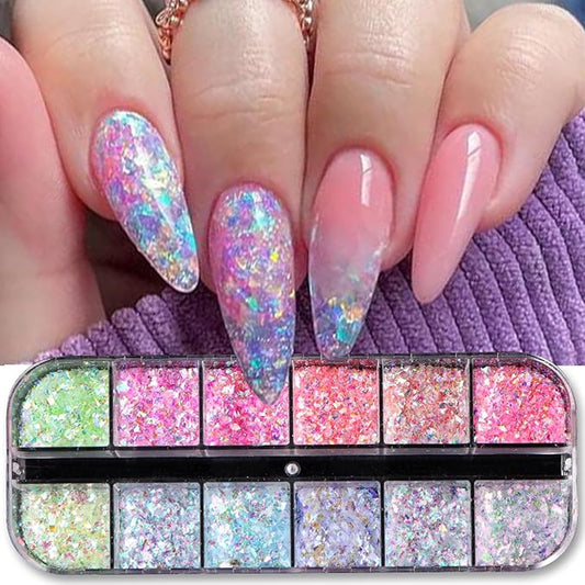 12 Colors Mermaid Nail Art Glitter Sequins Iridescent Ice Slag Nail Glitter Flakes Ultra Thin Nail Art Designs 3D Holographic Nail Sequins for Nail Art Supplies Manicure Decoration Accessories