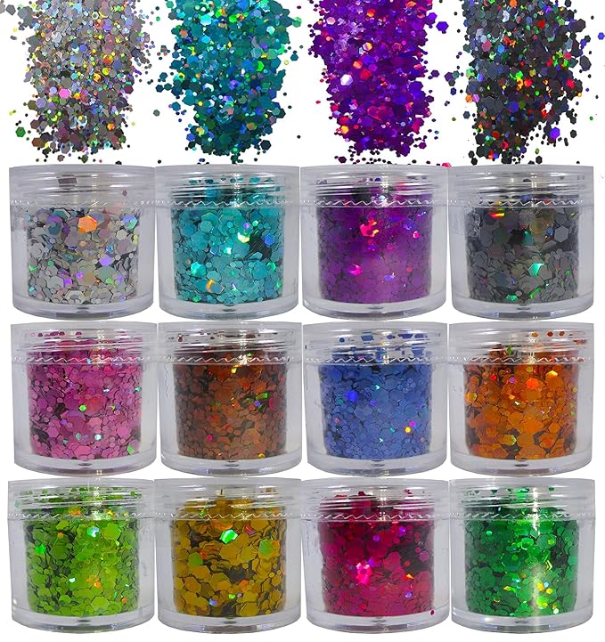 12 Colors Holographic Chunky Glitter Flakes Hexagon Shapes Glitter Sequins Nail Stickers Sparkles Resin Epoxy Accessories for Crafts Nail Art Body Makeup