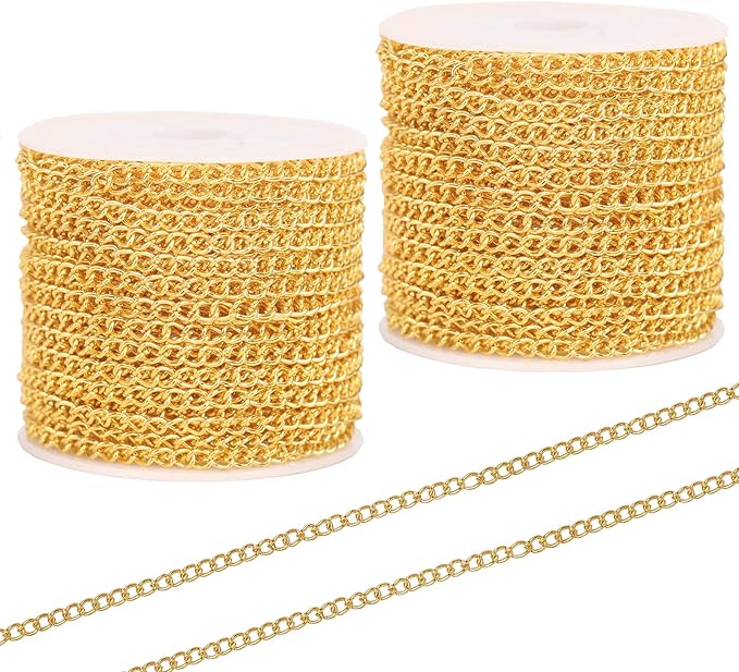 60 Feet Metal Iron Jewelry Chains 3mm Bulk Curb Necklace Chains for Jewelry Making (Gold)