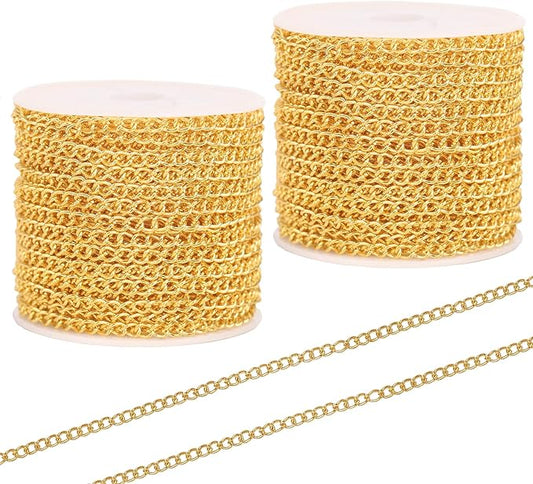 60 Feet Metal Iron Jewelry Chains 3mm Bulk Curb Necklace Chains for Jewelry Making (Gold)
