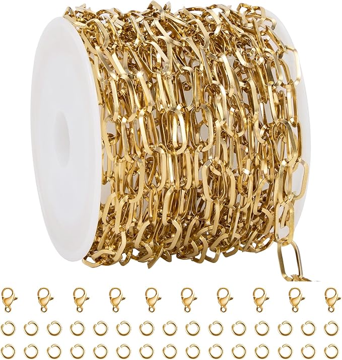 GTVOODX 16.4 Feet 18K Gold PVD Plated Paperclip Chain Roll, Stainless Steel 5x10mm Soldered Oval Link Chain Bulk for DIY Jewelry Making with Lobster Clasps and Jump Rings