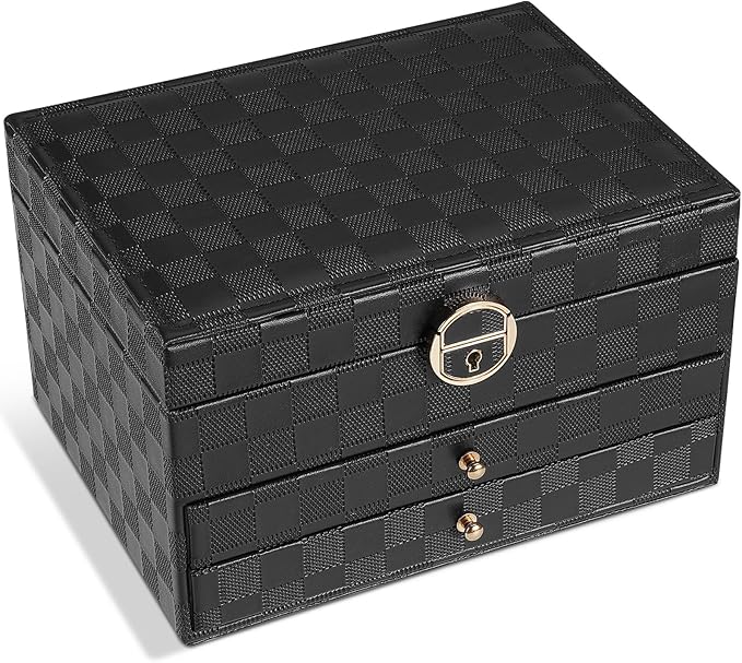 GUOER Jewelry Box for Women Girl Wife - Large PU Leather Jewelry Organizer Storage Case with 3 Layers Display for Earrings Bracelets Rings Watches (Checkered Black)