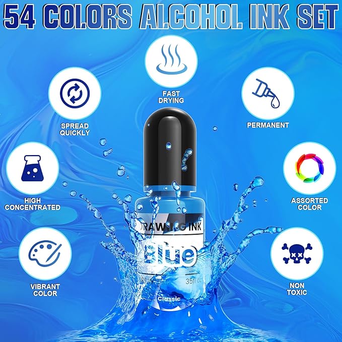 Alcohol Ink - 54 Vibrant Colors Alcohol Ink Set for Epoxy Resin, Pearl Colors Long Last Epoxy Dye for Resin Art, Tumblers, Petri Dish Making, Painting - Safe and Non Toxic - 10ml