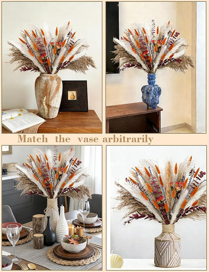 xin's convey Dried Flower Bouquet, 92 Stems Dried Flowers, Pampas Grass, Orange Roses Home Decor, Wedding Crafts, Living Room Accents, Vase Filler. (Orange)