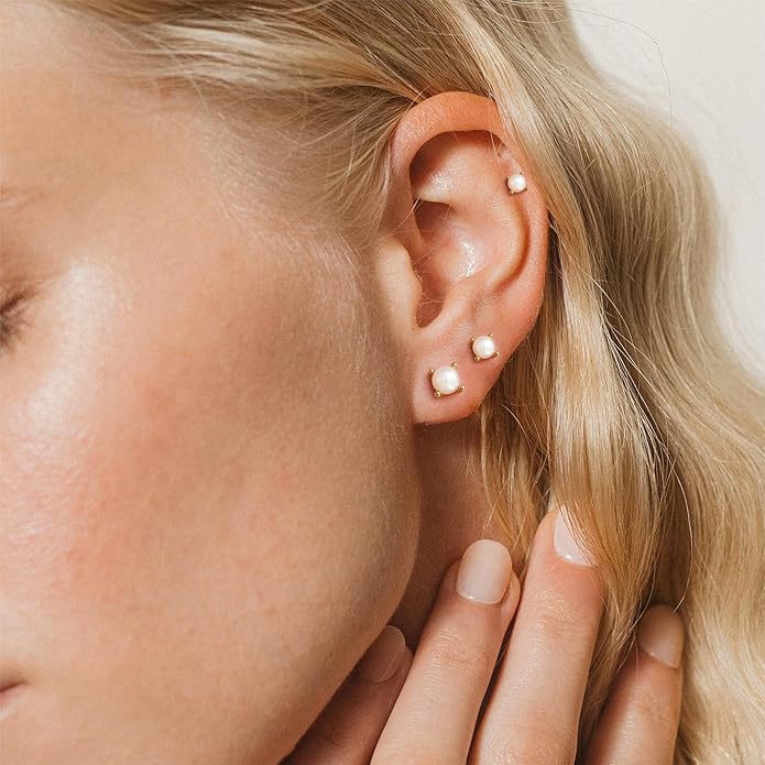 Pearl Earrings for Women - Dainty Gold Dangle Drop Earrings, 14k Gold Plated Cute Bow Design, Hypoallergenic Pearl Studs, Wedding Jewelry Gifts