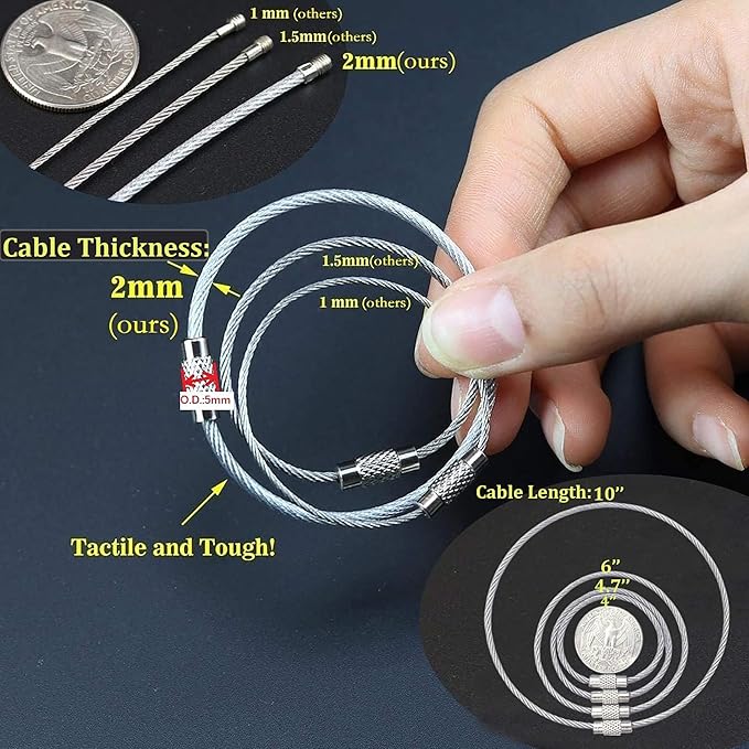 bayite Pack (100) Stainless Steel Wire Keychains Cable, Key Rings, Heavy Duty Luggage Tags Loops Tag Keepers 2mm Twist Barrel (Cable Length: 4.7 inches)
