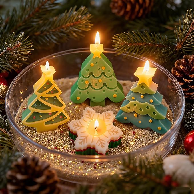 ZQYSING 5 Pcs Christmas Candle Molds, Set of 3 Christmas Tree + 2 Snowflake Silicone Mold for Candles Wax Soap Epoxy Resin Casting Home Themes Decor Handmade Gift