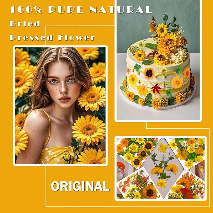 MIKIYA 88Pcs Yellow Pressed Dried Flowers for Resin Molds, Real Natural Bulk Dry Floral Leaves for DIY Art Crafts, Epoxy Jewelry, Candle, Soap Making, Nails Decors